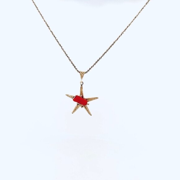 Vintage Sterling Silver 925 Chain Necklace w/ Starfish Pendant Red Coral Center - Picture 2 of 15